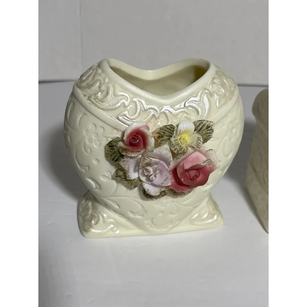 Vintage 90s Ceramic Vanity Set Cottagecore Heart Vase Trinket Box Brush Holder